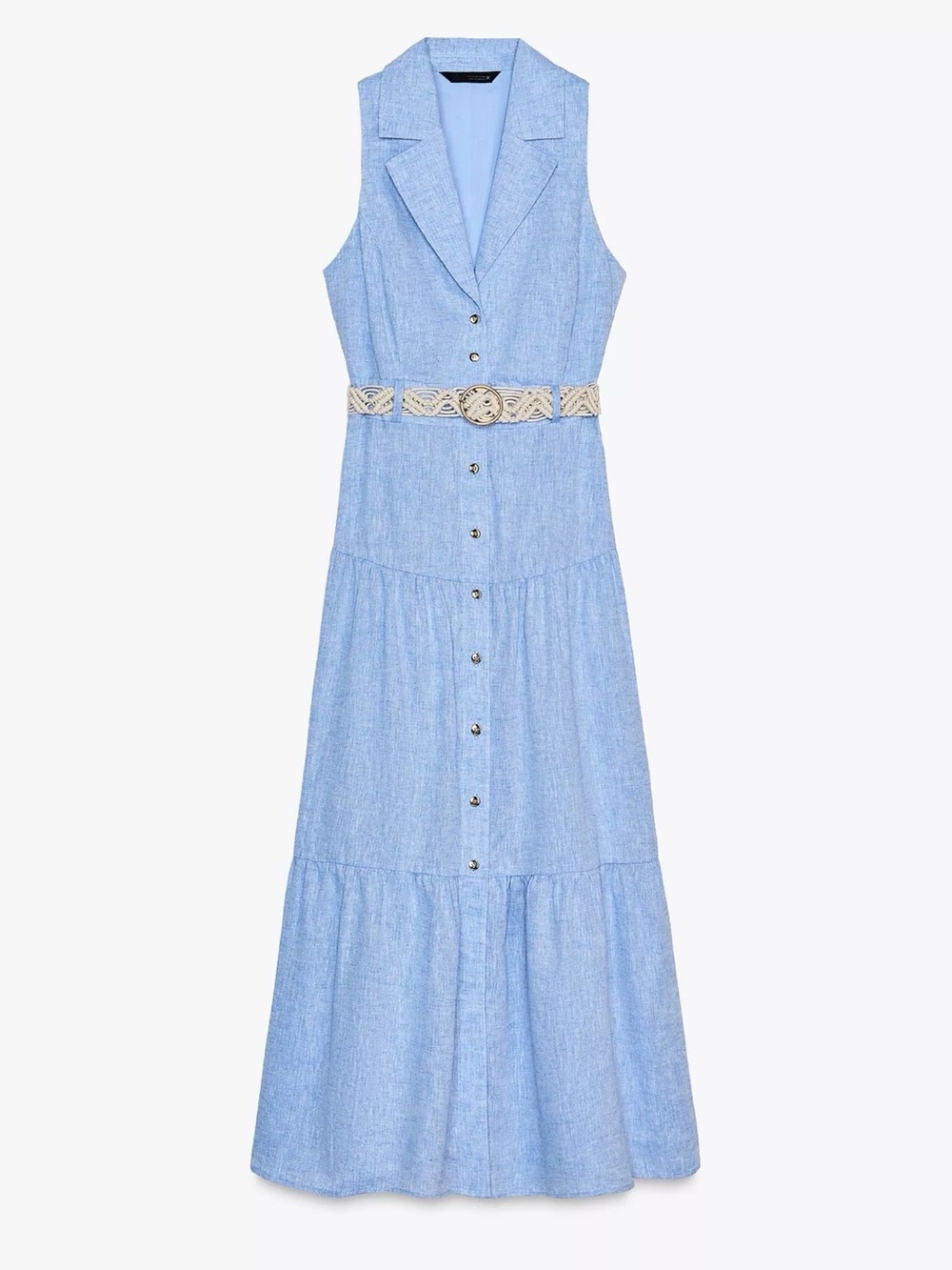 Zara Light Blue Sleeveless Maxi Dress with Woven Beige Belt